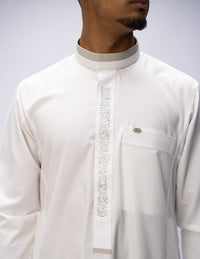 Amaani Noir Calligraphy Thobe, White, script embroidery and top pocket on model