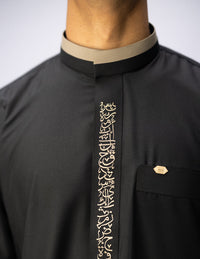 Amaani Noir Calligraphy Thobe, Black, collar and script placket embroidery on model