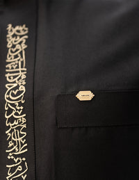 Amaani Noir Calligraphy Thobe, Black, Arabic script embroidery close up