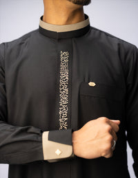 Amaani Noir Calligraphy Thobe, Black, script placket and cuff on model
