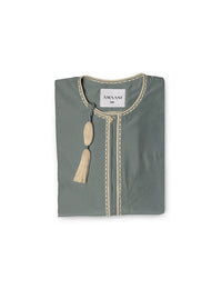Amaani Omani Thobe, Aura (Stone Blue), folded flat lay showing cream placket embroidery and collar tassel