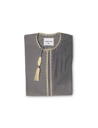 Amaani Omani Thobe, Fossil (Grey), folded flat lay showing cream placket embroidery and collar tassel