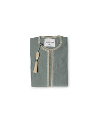 Amaani Omani Thobe Kids, Aura (Stone Blue), folded flat lay showing cream placket embroidery and collar tassel