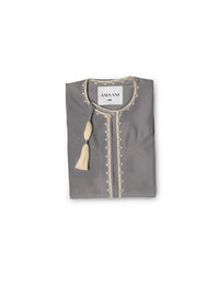 Amaani Omani Thobe Kids, Fossil (Grey), folded flat lay showing cream placket embroidery and collar tassel