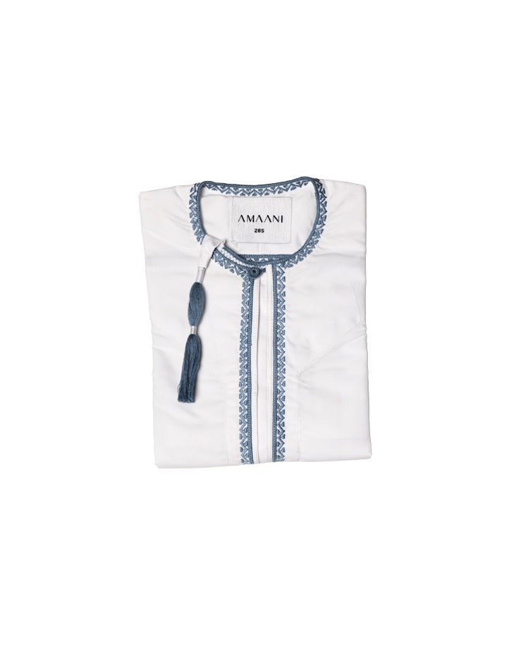 Amaani Omani Thobe Kids, Topaz (White & Blue), folded flat lay showing cerulean placket embroidery and collar tassel