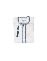 Amaani Omani Thobe Kids, Topaz (White & Blue), folded flat lay showing cerulean placket embroidery and collar tassel