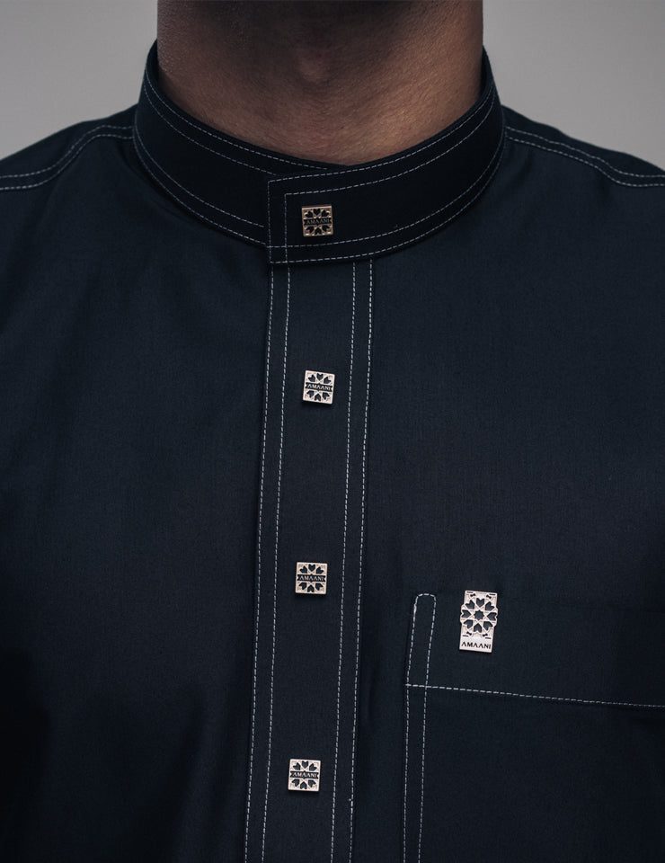 Amaani Royal Black Saudi Thobe, Black, placket stitching and signature buttons