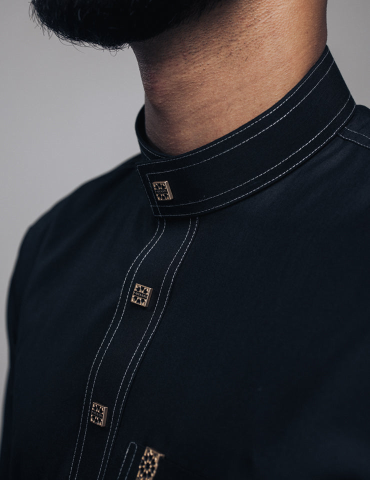 Amaani Royal Black Saudi Thobe, Black, Saudi collar detail on model