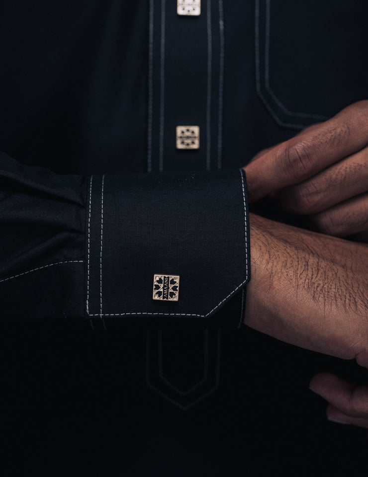 Amaani Royal Black Saudi Thobe, Black, cuff stitching and button detail