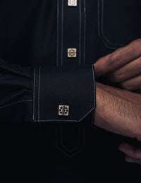 Amaani Royal Black Saudi Thobe, Black, cuff stitching and button detail