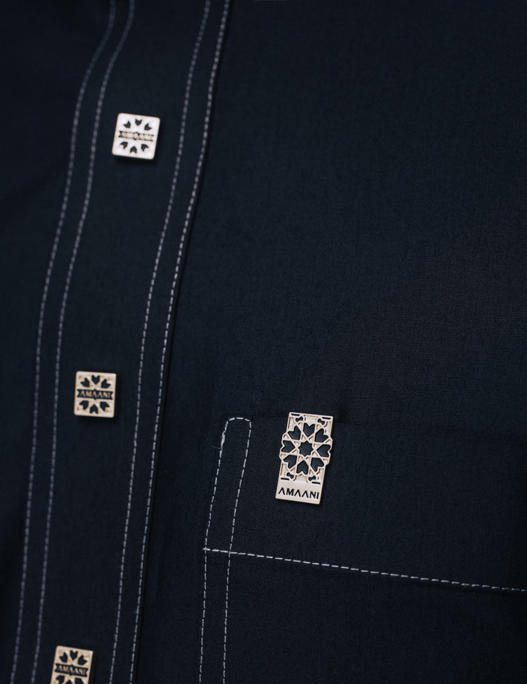 Amaani Royal Black Saudi Thobe, Black, top pocket and button detail