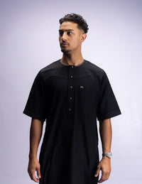 Amaani Silhouette Short Sleeve Thobe, Black, model, full length front