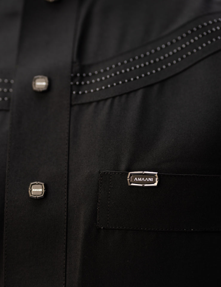 Amaani Silhouette Short Sleeve Thobe, Black, signature buttons on the placket and top pocket