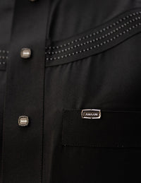 Amaani Silhouette Short Sleeve Thobe, Black, signature buttons on the placket and top pocket