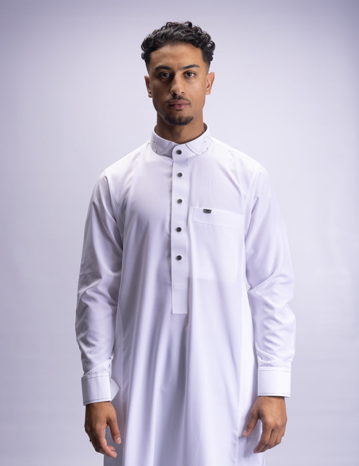 Amaani Spade Mandarin Collar Thobe, White, model, full length front