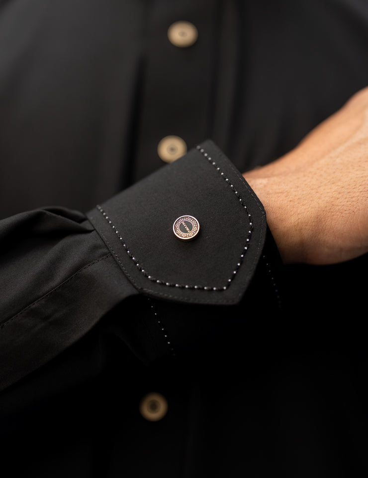 Amaani Spade Mandarin Collar Thobe, Black, artisan cuff and button close up