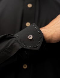 Amaani Spade Mandarin Collar Thobe, Black, artisan cuff and button close up