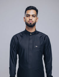 Amaani Stark Designer Thobe, Black, model, full length front