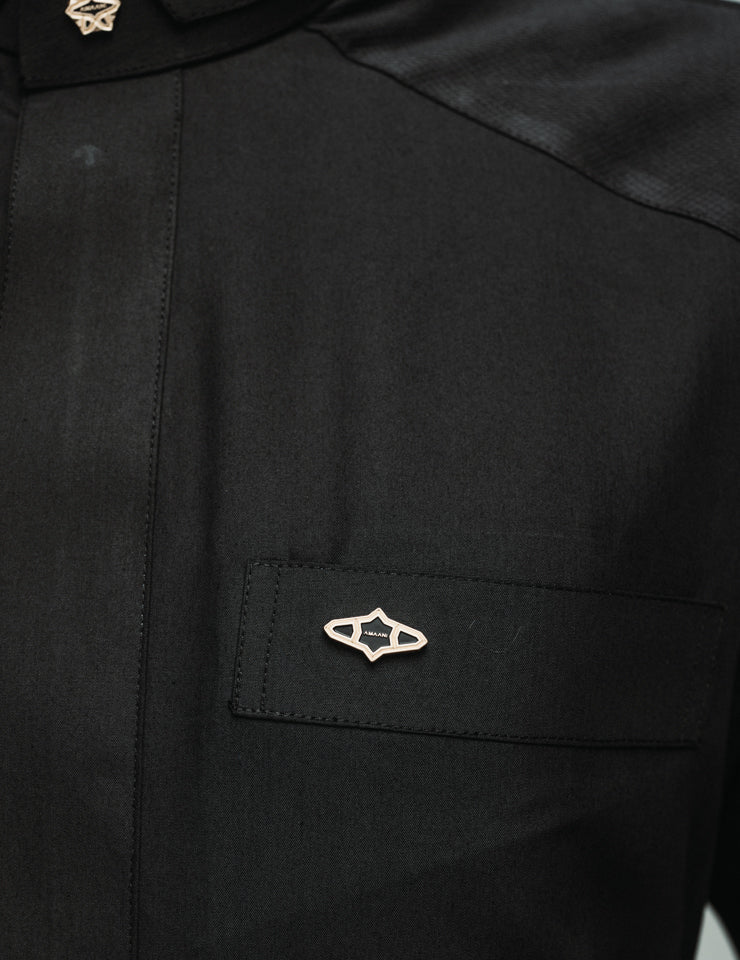 Amaani Stark Designer Thobe, Black, top pocket and signature button