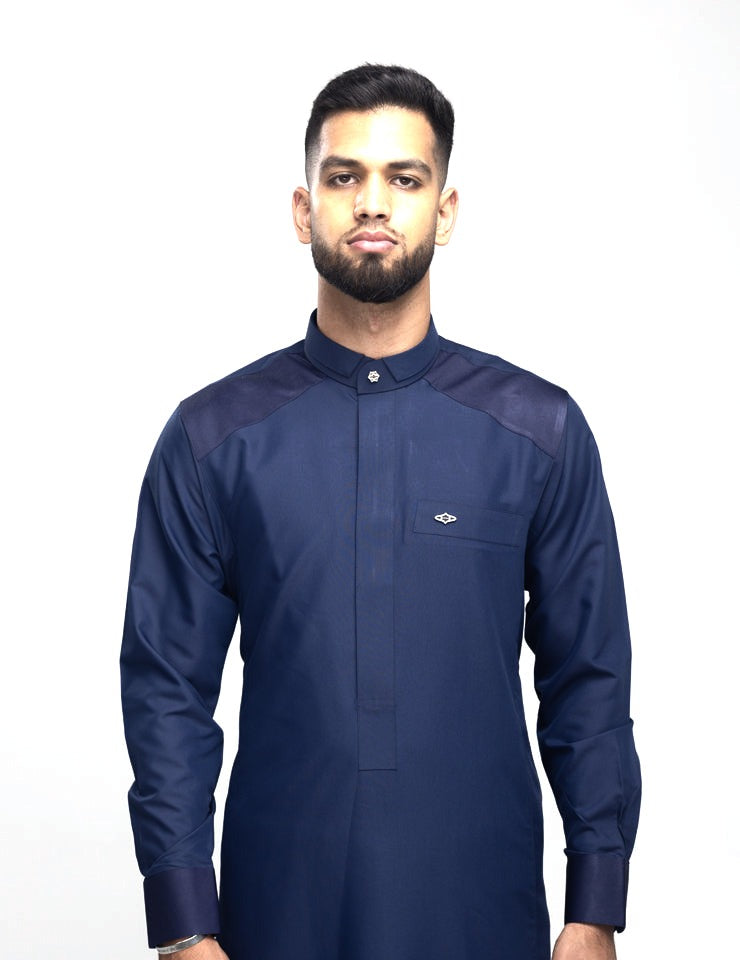 Amaani Stark Designer Thobe, Navy, model, full length front
