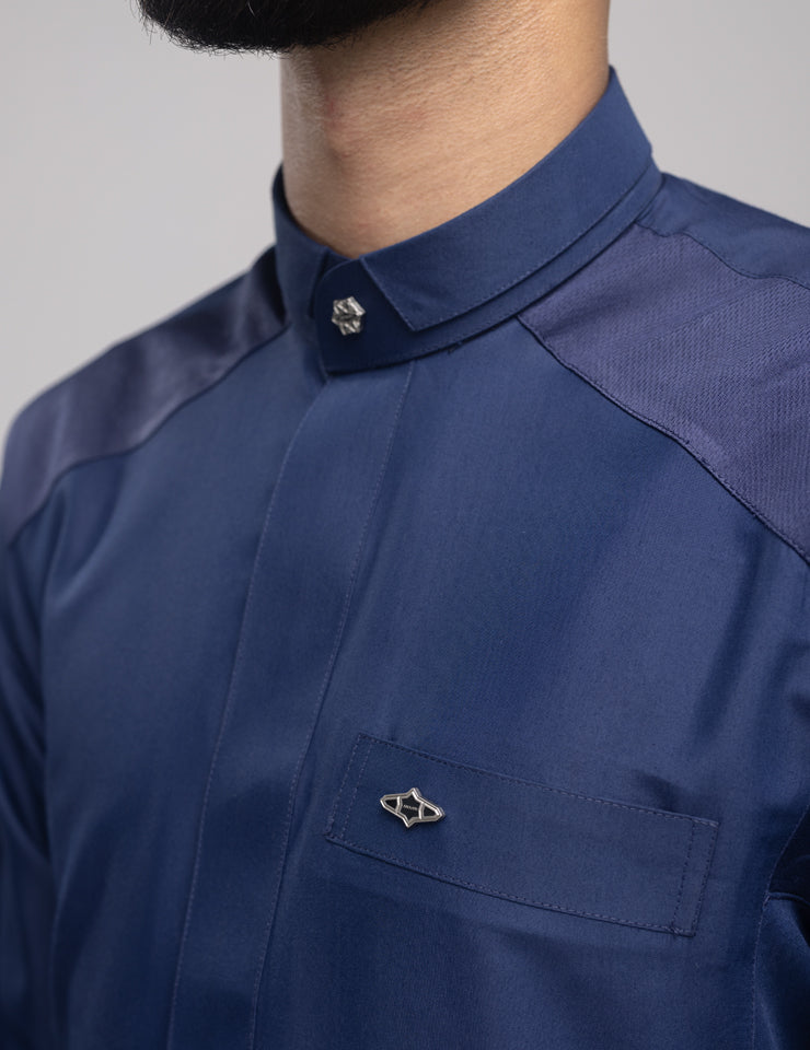 Amaani Stark Designer Thobe, Navy, collar and shoulder contrast detail