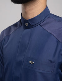 Amaani Stark Designer Thobe, Navy, collar and shoulder contrast detail