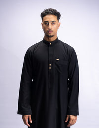 Amaani Stitched Black Thobe, Black, model, full length front