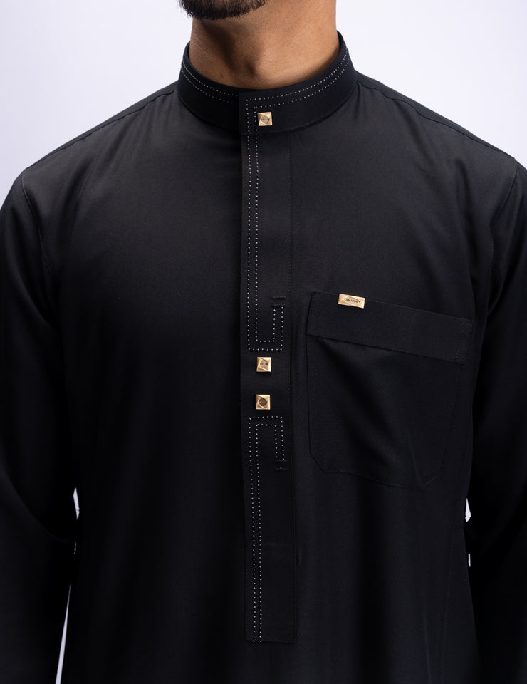 Amaani Stitched Black Thobe, Black, collar and placket stitch detailing on model
