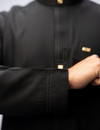 Amaani Stitched Black Thobe, Black, cuff and placket stitchwork close up