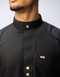 Amaani Stitched Black Thobe, Black, collar stitch detailing and top pocket on model