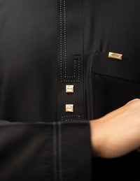 Amaani Stitched Black Thobe, Black, placket buttons and cuff stitch detail close up