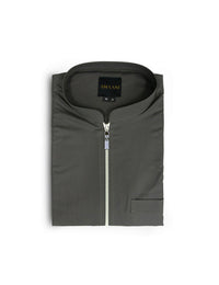 Amaani Urban Mandarin Zip Thobe, Grey with Beige, folded flat lay with zip placket