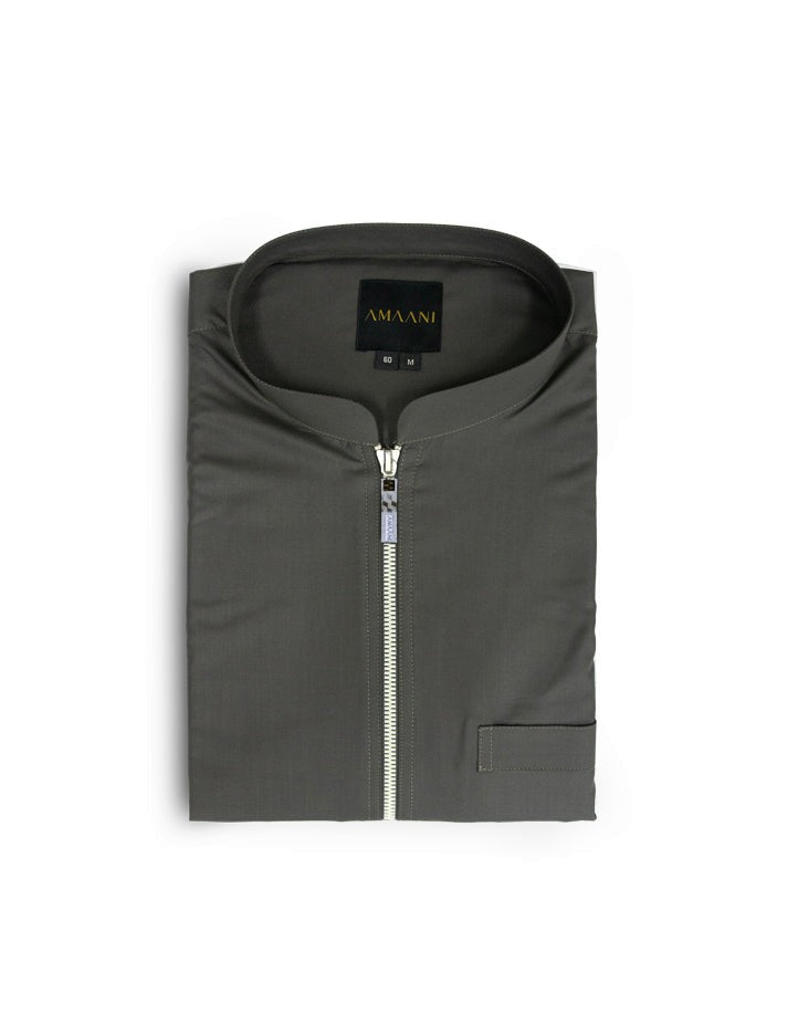 Amaani Urban Mandarin Zip Thobe, Grey with Beige, folded flat lay with zip placket