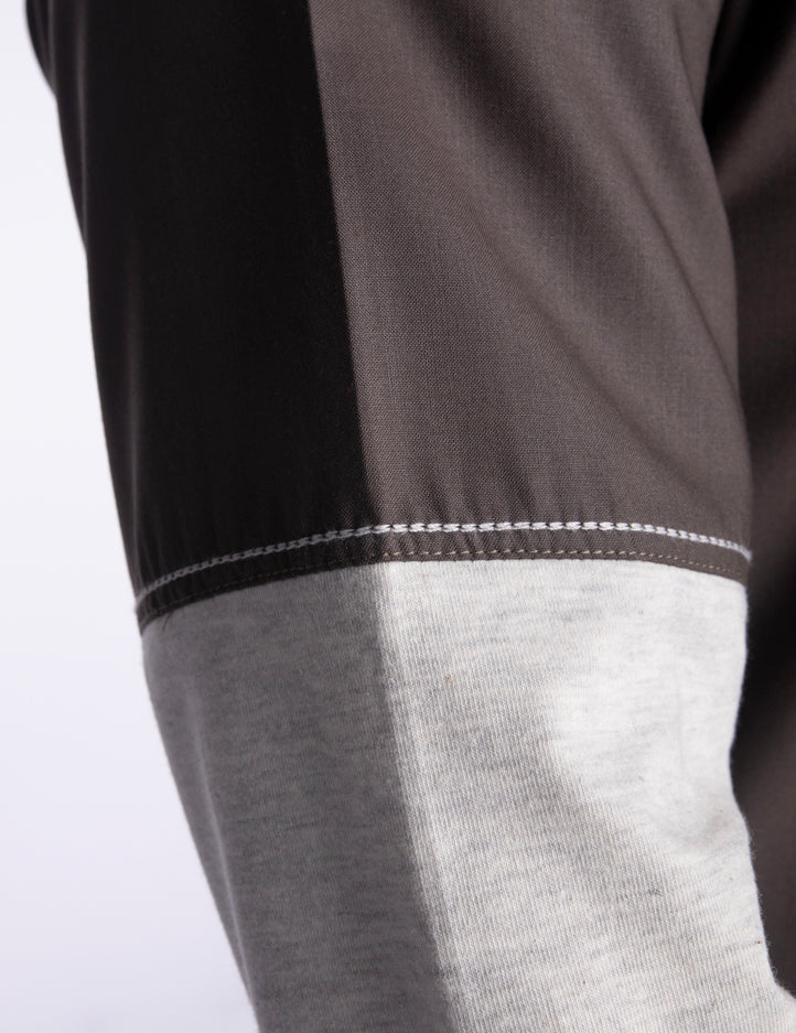 Amaani Urban Mandarin Zip Thobe, Grey with Beige, sleeve and contrast jersey cuff detail