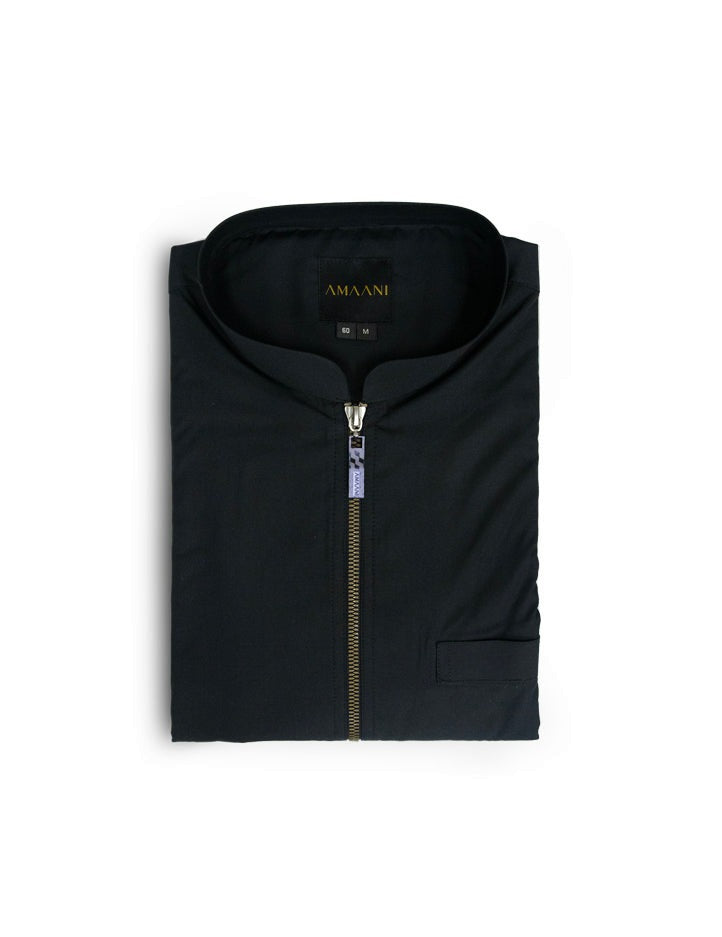 Amaani Urban Mandarin Zip Thobe, Black with Brown, folded flat lay with zip placket