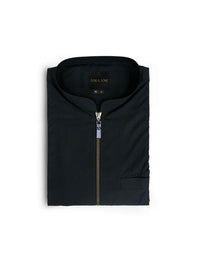 Amaani Urban Mandarin Zip Thobe, Black with Brown, folded flat lay with zip placket