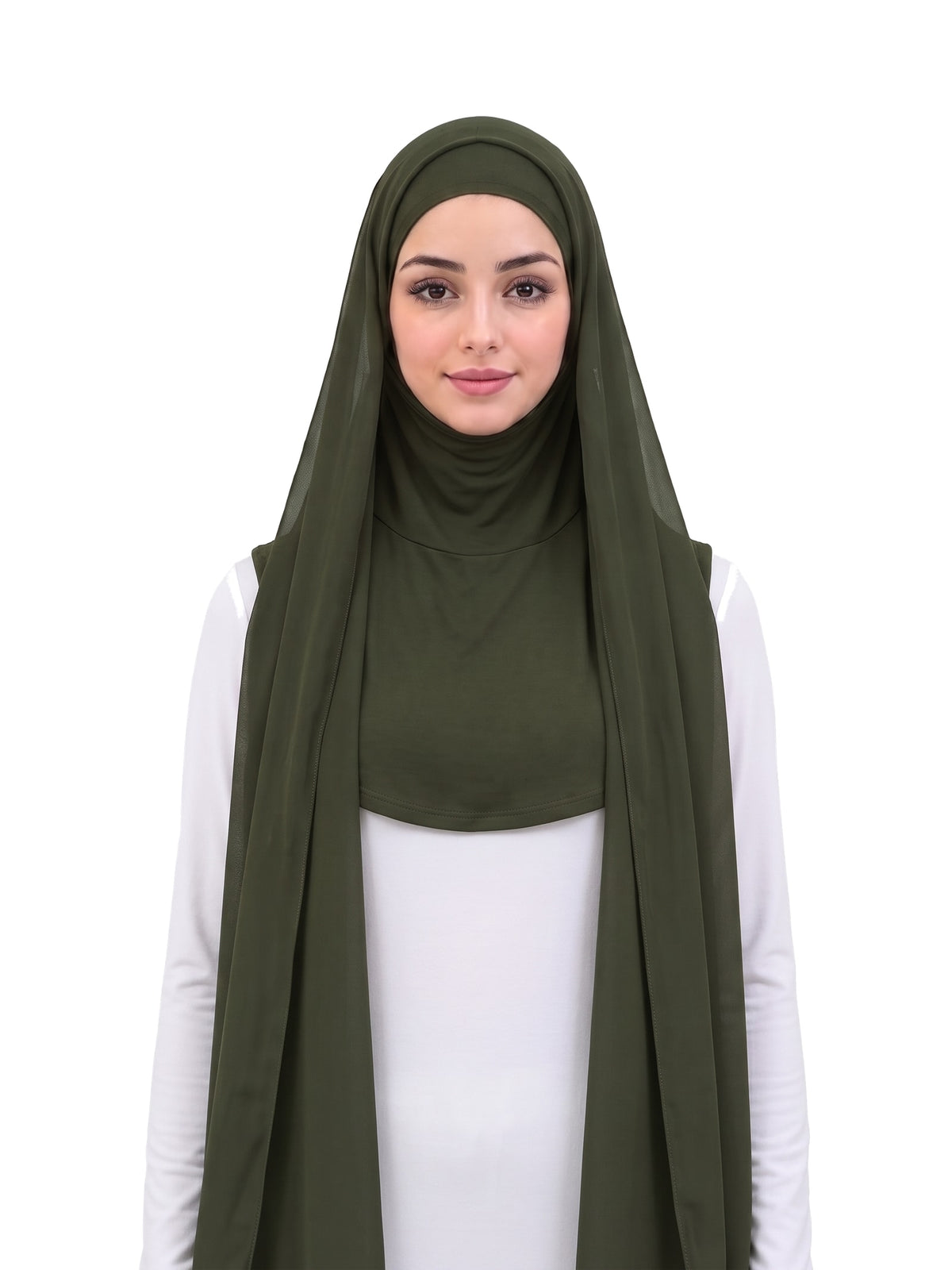 Green Imaarah Ninja Chiffon Shawl, front view, scarf open showing the attached burqa