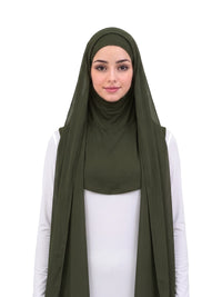 Green Imaarah Ninja Chiffon Shawl, front view, scarf open showing the attached burqa