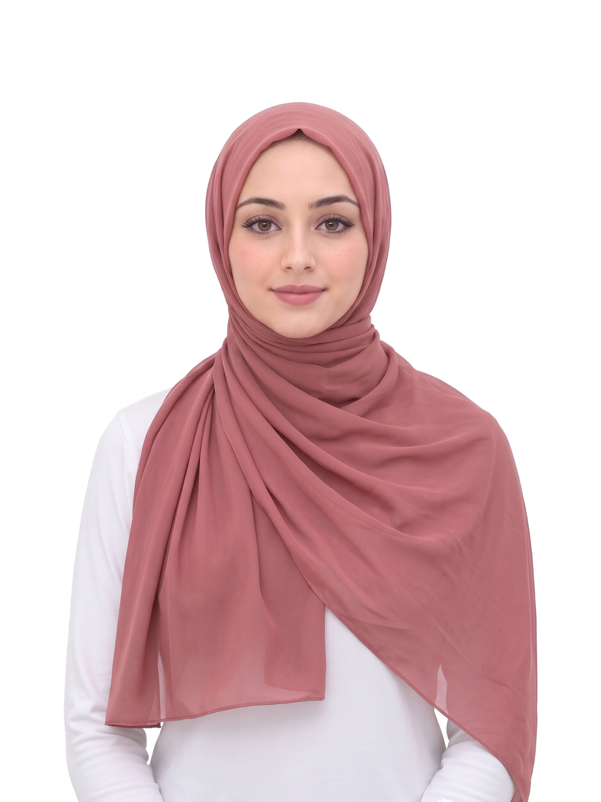 Pink Imaarah Ninja Chiffon Shawl, front view, scarf wrapped and draped