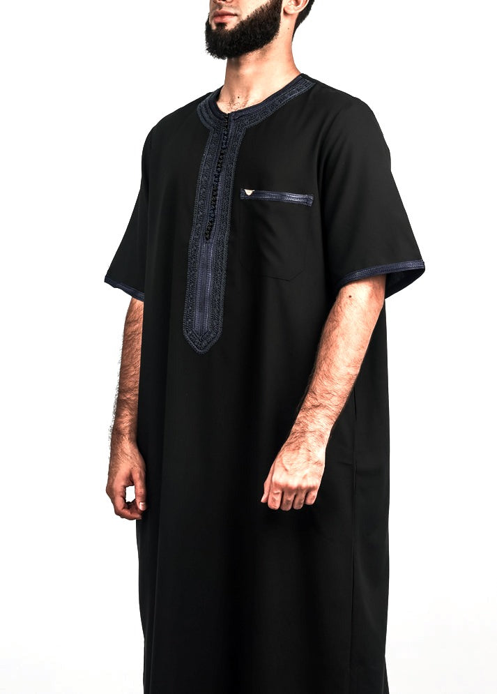 Black with Navy Moroccan thobe, front view