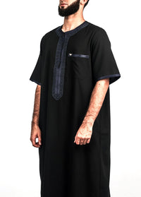 Black with Navy Moroccan thobe, front view