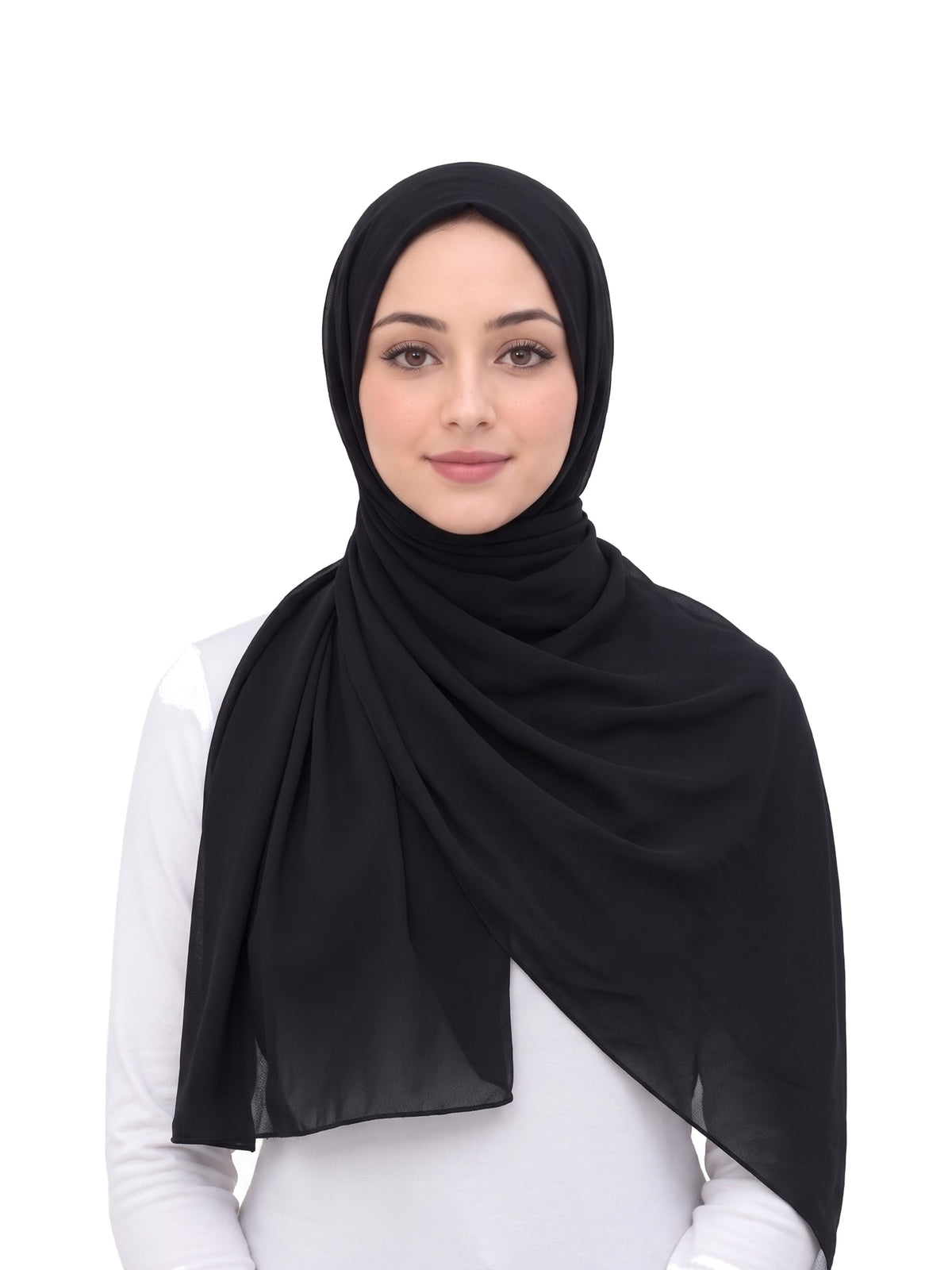 Black Imaarah Ninja Chiffon Shawl, front view, scarf wrapped and draped