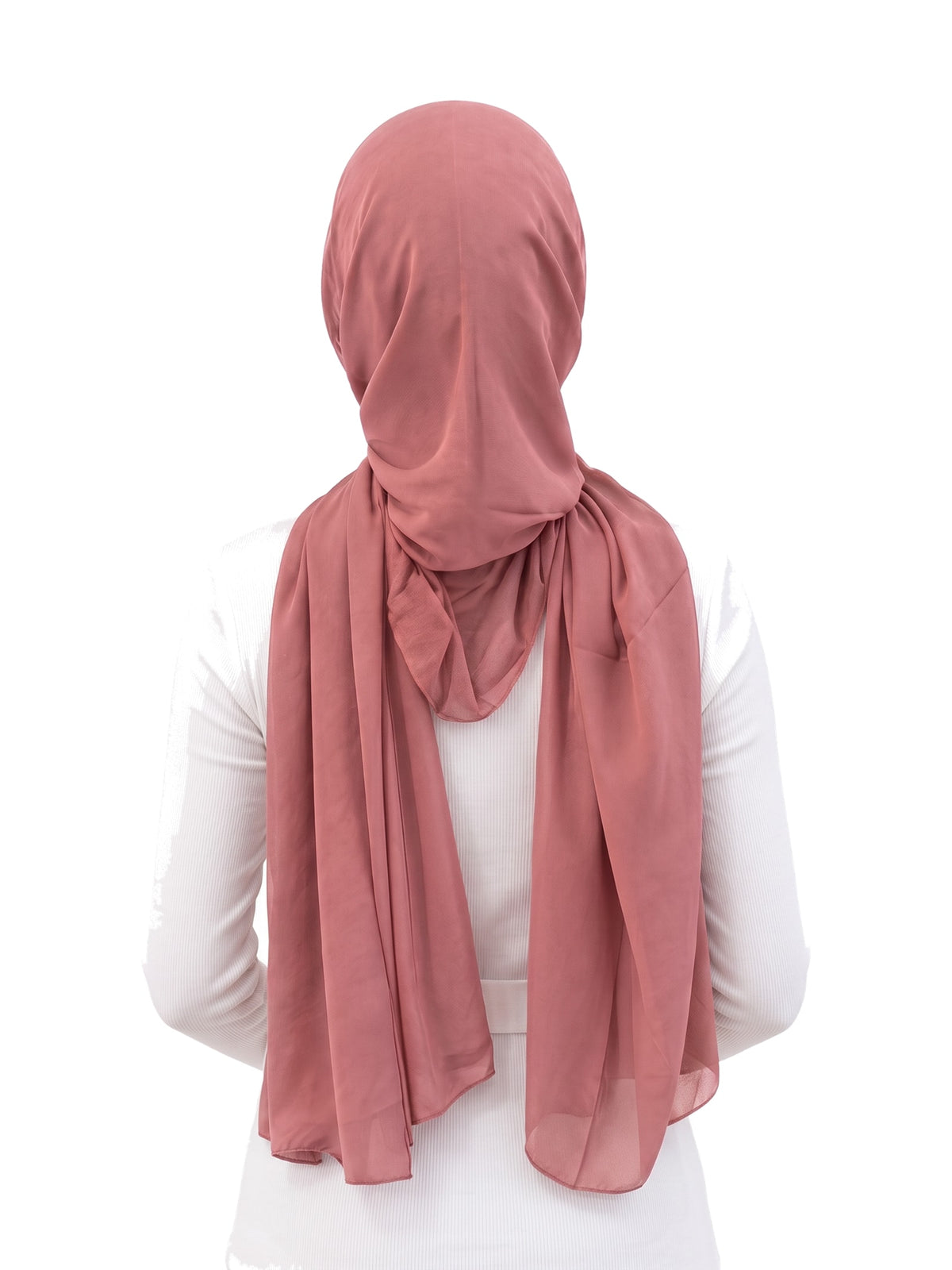 Pink Imaarah Ninja Chiffon Shawl, back view, scarf draped over the shoulders