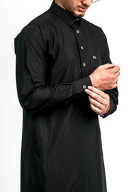 Black gold button collared thobe, front, view 1
