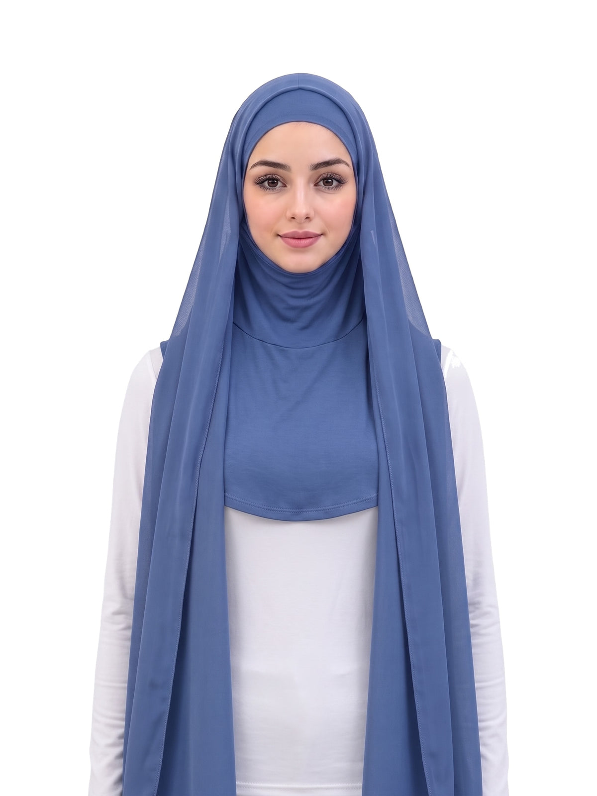 Blue Imaarah Ninja Chiffon Shawl, front view, scarf open showing the attached burqa