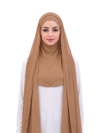 Tan Imaarah Ninja Chiffon Shawl, front view, scarf open showing the attached burqa