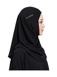 Imaarah Sports Hijab, black, side view showing Imaarah logo