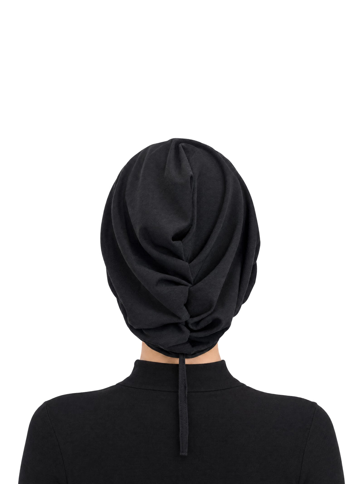 Imaarah Luxe Ruched Mod Cap in black, back view showing ruched gathers