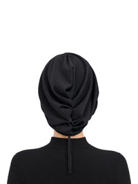 Imaarah Luxe Ruched Mod Cap in black, back view showing ruched gathers