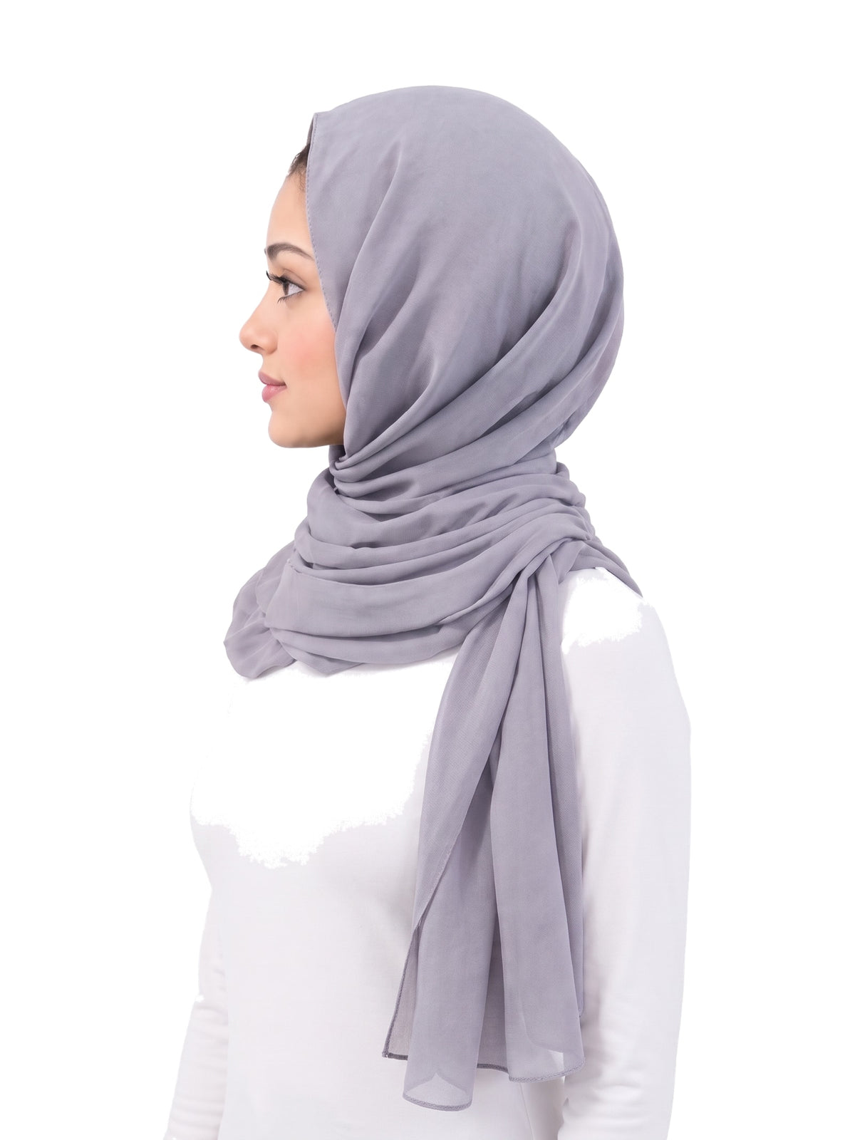 Grey Imaarah Ninja Chiffon Shawl, side view, scarf draped around the shoulders
